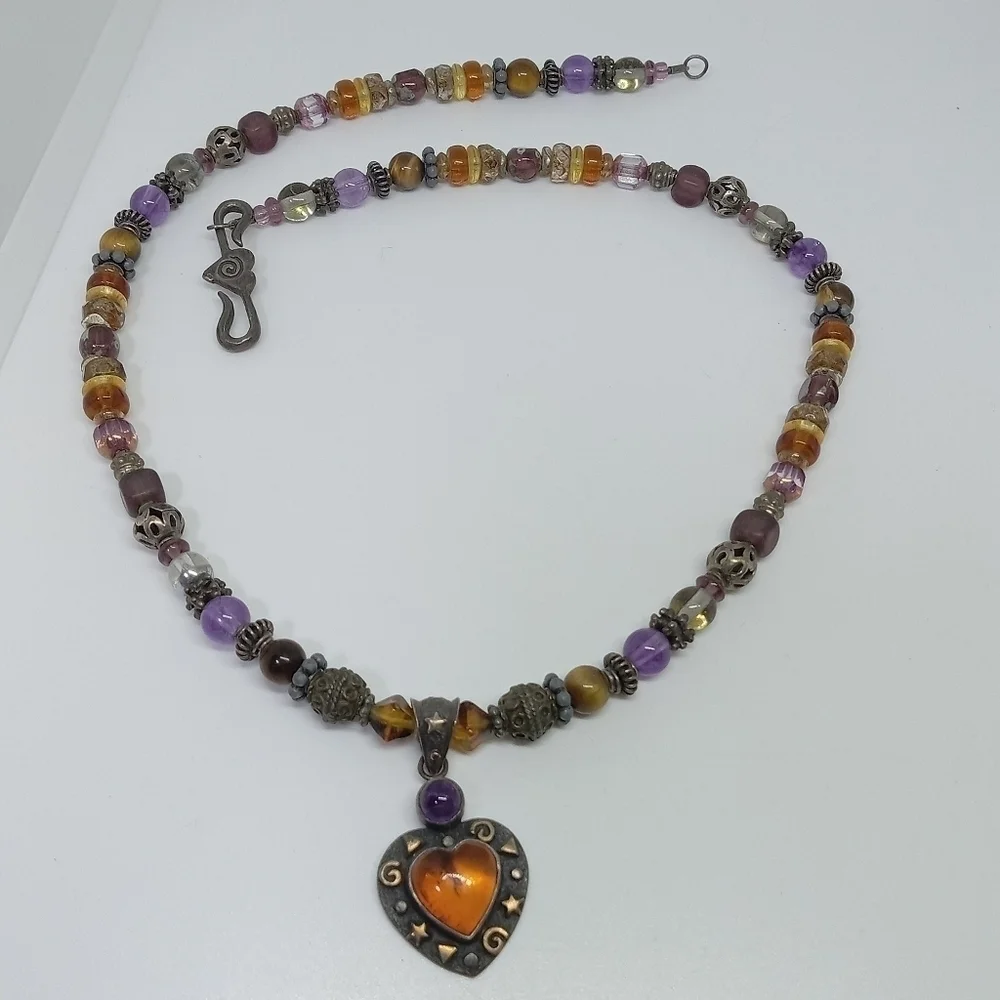 * vintage 925 Honey Amber heart stars artisan necklace 18